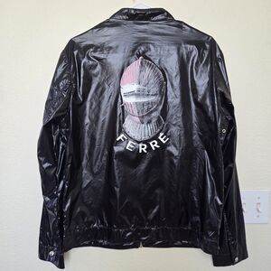 FERRE ITALY Men’s High-Shine Metallic Black Windbreaker Zip Jacket - Size 50